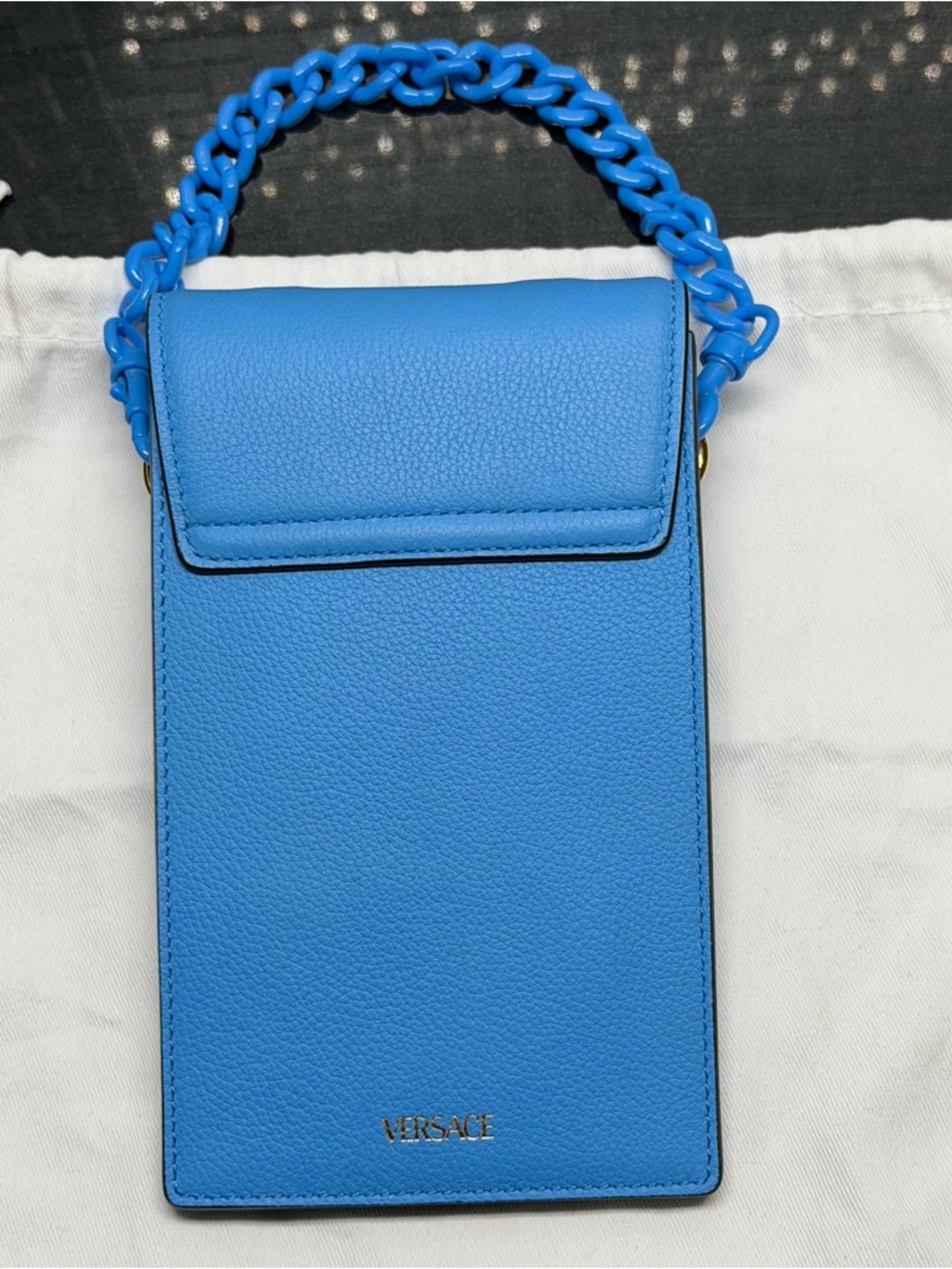 Versace La Medusa Leather Phone Crossbody Bag Blue Chain Strap Card Holder Italy - Picture 7 of 16